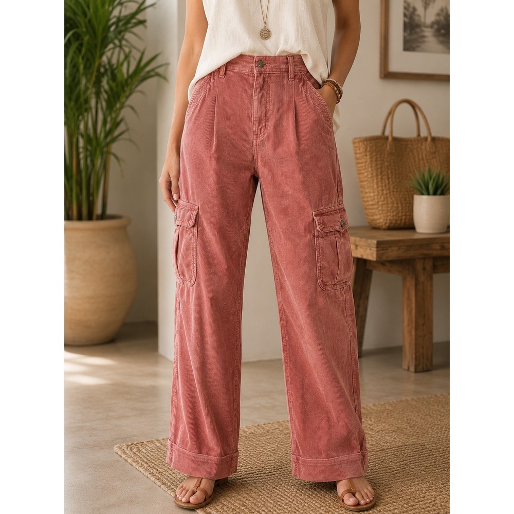 American Eagle Corduroy Cargo Pants Pink Wide Leg High Rise Womens 6 Short